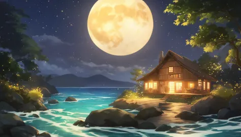 tranquil, moonlit sea with gentle, sparkling waves. the night sky is filled with twinkling stars and a large, radiant full moon ...