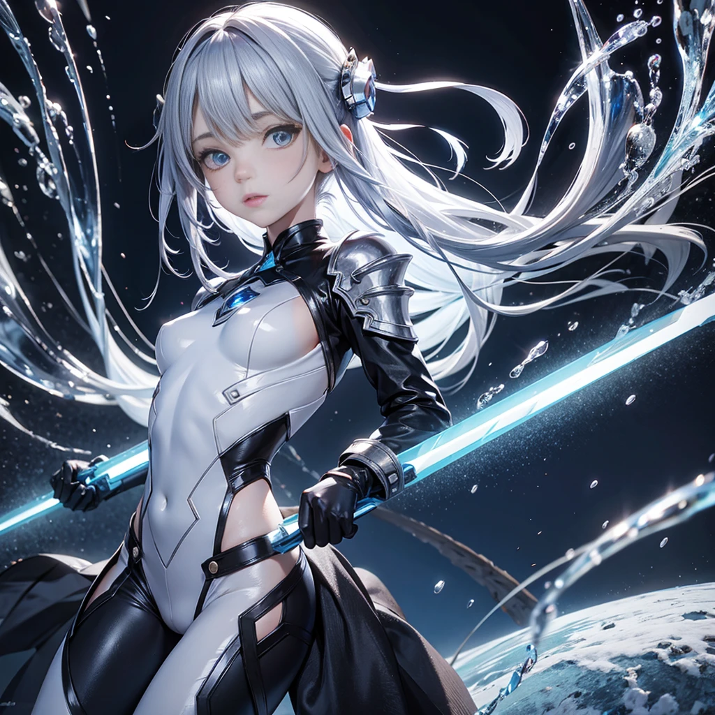 One beautiful girl, bluish silver hair, porcelain white skin, large beautiful eyes of deep blue color, short stature, , small bulging chest, complex and artistic bodysuit of laminated armor, extremely exposed skin, transparent weaponry, active pose, distance where facial expression can be clearly seen, dramatic camera angles, diamond dust, icy trees, cold world, effective use of LoRA