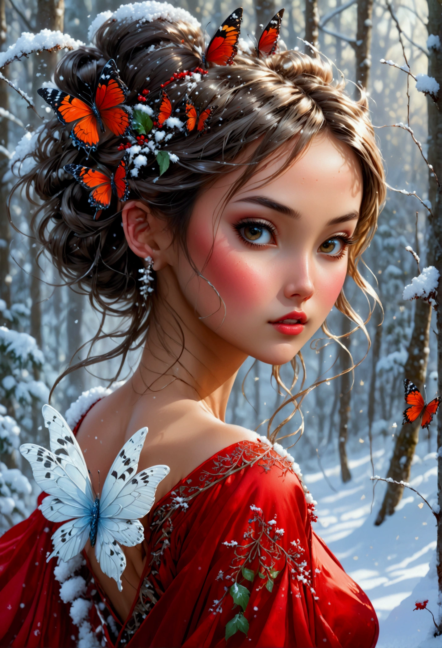 (oil painting art: 1.5) a most beautiful fairy playing in the snow, a beautiful fairy, ((full body shot: 1.5)), (best detailed face: 1.3), spread butterfly wings, dynamic hair color, dynamic hair style, busty, wearing red silk dress, intricate silk, wearing high heels boots, she is playing the snow, fresh snow in the forest, high snow, High Detail, Ultra High Quality, High Resolution, 16K Resolution, Ultra HD Pictures, Ultra Realistic, Clear Details, Realistic Detail, Ultra High Definition, DonMF41ryW1ng5XL