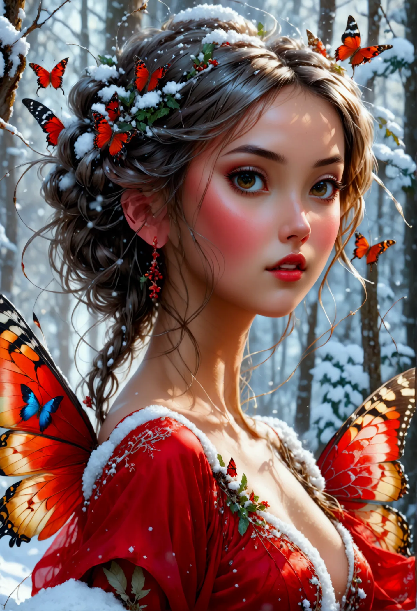 (oil painting art: 1.5) a most beautiful fairy playing in the snow, a beautiful fairy, ((full body shot: 1.5)), (best detailed f...