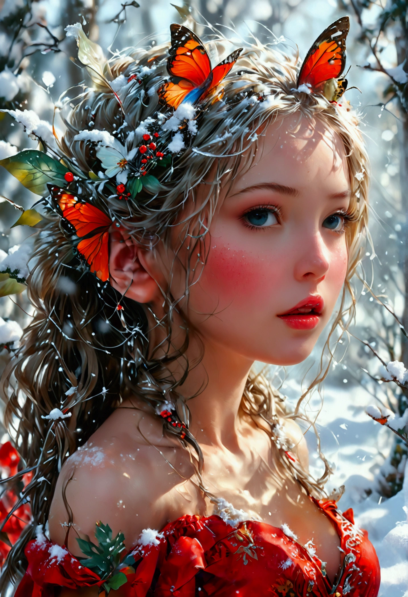 (oil painting art: 1.5) a most beautiful fairy playing in the snow, a beautiful fairy, ((full body shot: 1.5)), (best detailed face: 1.3), spread butterfly wings, dynamic hair color, dynamic hair style, busty, wearing red silk dress, intricate silk, wearing high heels boots, she is playing the snow, fresh snow in the forest, high snow, High Detail, Ultra High Quality, High Resolution, 16K Resolution, Ultra HD Pictures, Ultra Realistic, Clear Details, Realistic Detail, Ultra High Definition, DonMF41ryW1ng5XL