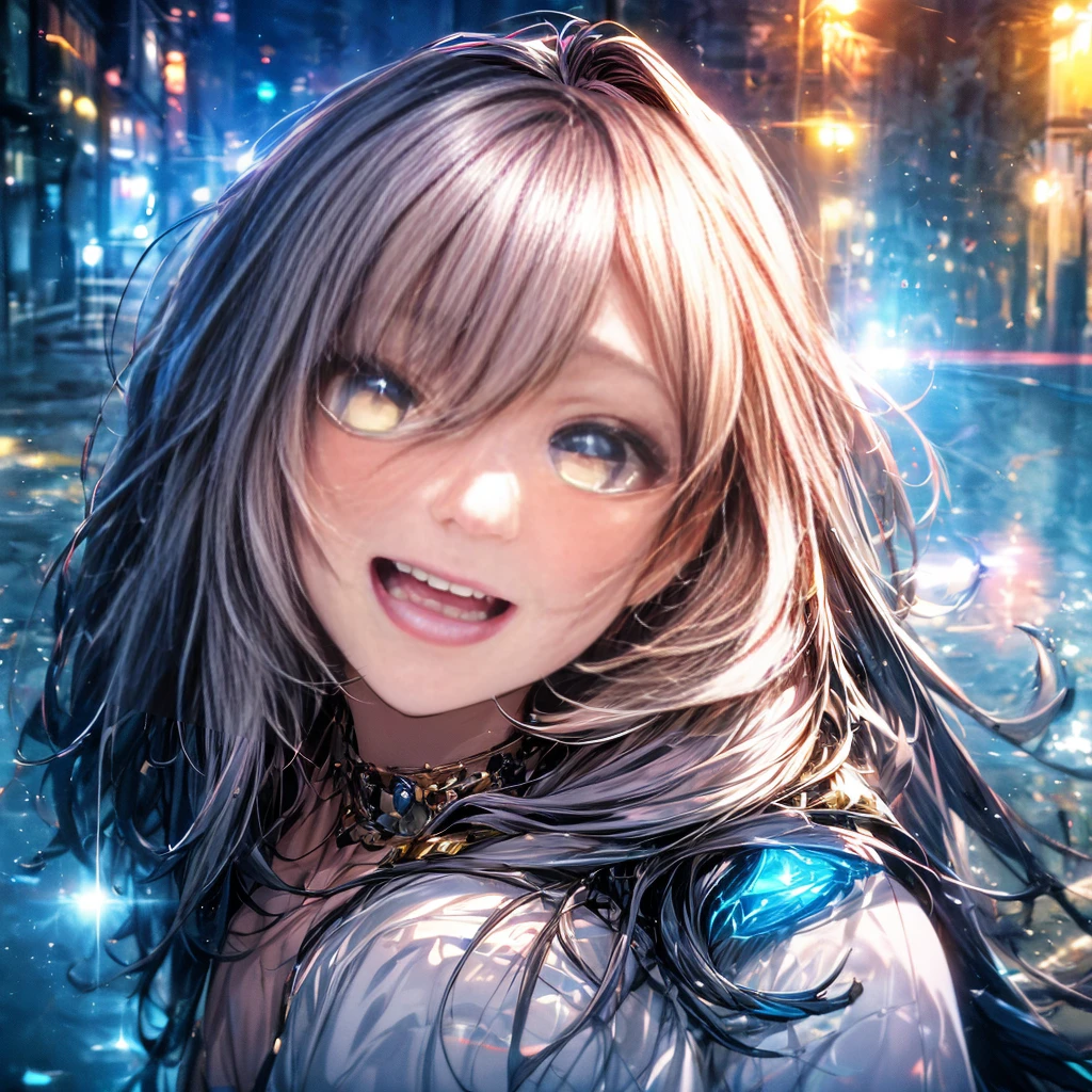 Absurd, High resolution, (Anime Style:1.1), ((Tabletop)), ((highest quality)), (Super detailed), (beautiful), solo, beautiful face、(lift),、beautiful Fine Star々、Cute girl in cute clothes standing on high hill、私はとてもbeautifulです, Delicate and detailed urban night view、One Girl、beautiful colorful hair, Colorful eyes,View Viewer,Lens flare,dramatic, From the back、Esbian all over、Low angle、(Neon Light、Accessories for girls who shine with reflection:1.3)、Laughter、Face close-up、