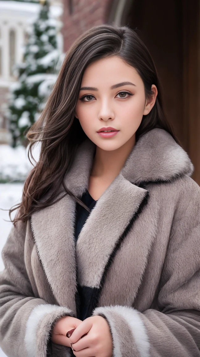 a girl in a red and white checkered shirt, with a fur coat, standing in front of the kremlin, outdoors, [lora:her_leaves_alone_v3:0.9], honeycomb, best quality, 8k, ultra-detailed, photorealistic, beautiful detailed eyes, beautiful detailed lips, extremely detailed eyes and face, long eyelashes, intricate details, warm lighting, cinematic composition, vibrant colors, master painting