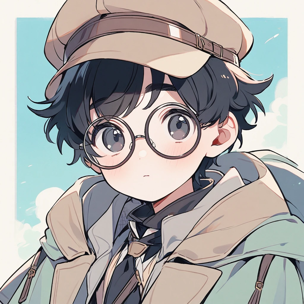 Boy, black hair, pastel colors, face close up, adventure, explorer, round glasses, simple, black eyes, cute, detective