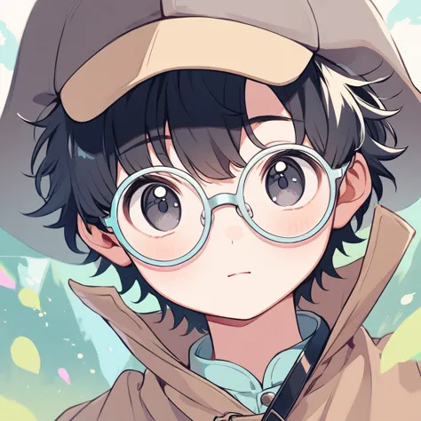 boy, black hair, pastel colors, face close up, adventure, explorer, round glasses, simple, black eyes, cute, detective