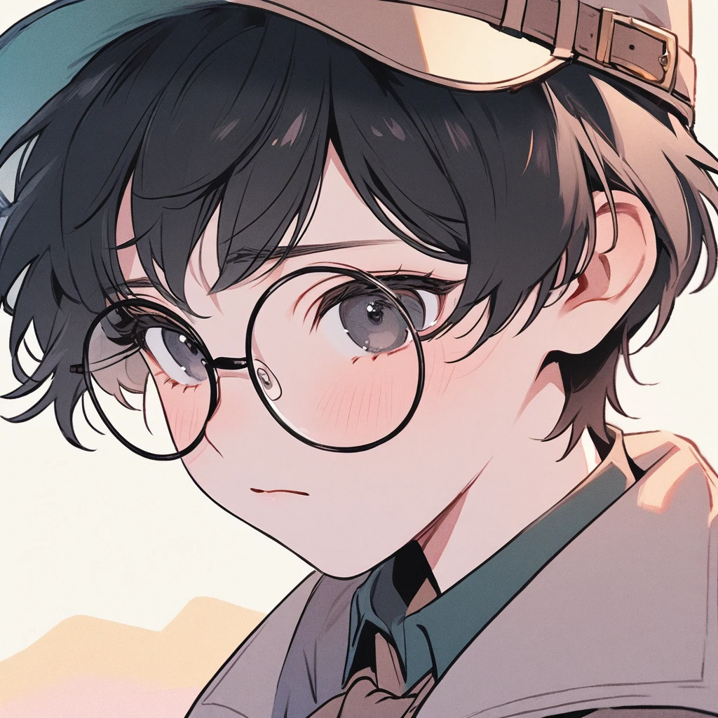 Boy, black hair, pastel colors, face close up, adventure, explorer, round glasses, simple, black eyes, cute, detective