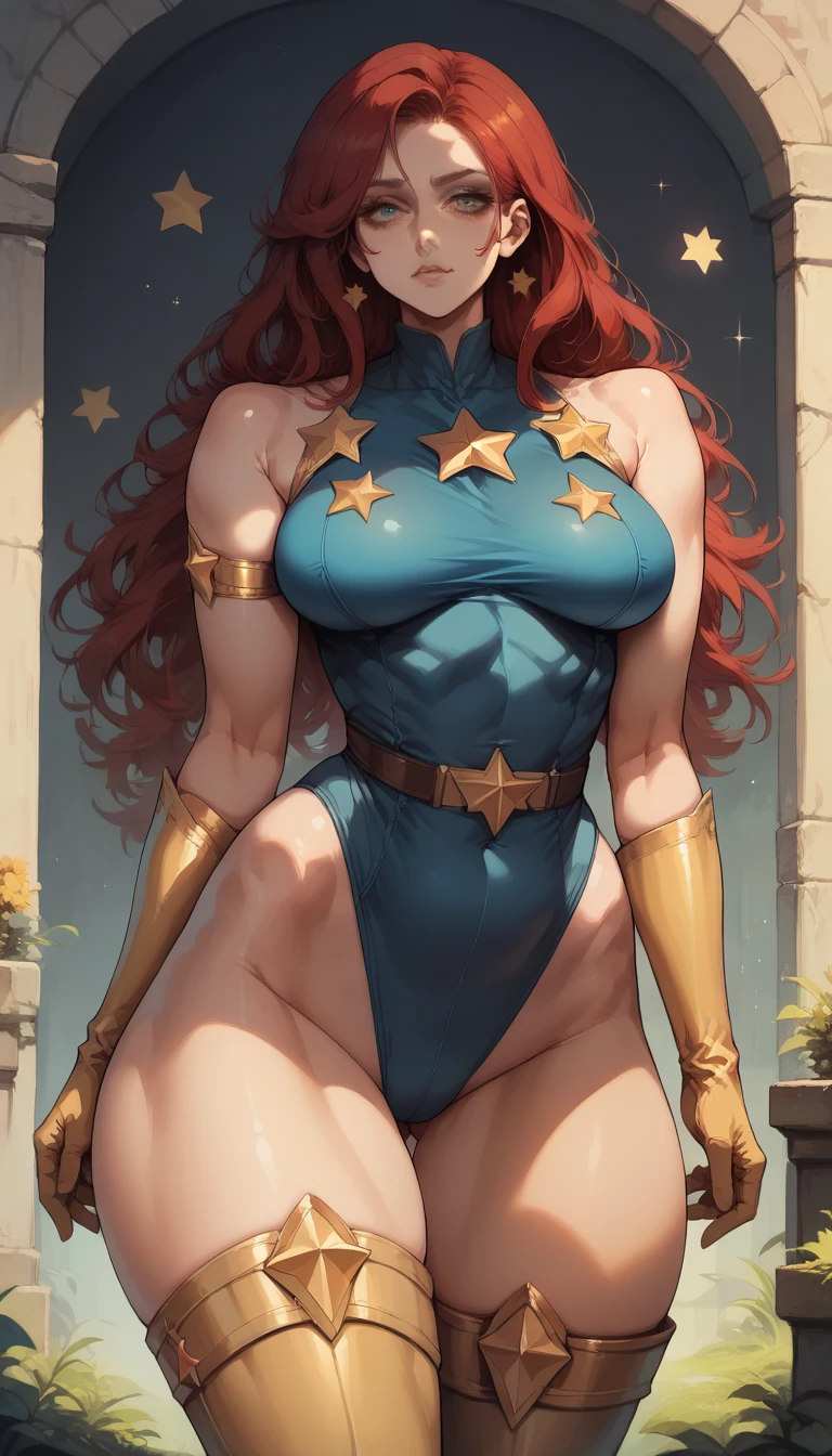 score_9, score_8_up, score_7_up, score_6_up, (((masterpiece))), (((Best Quality: 1.5))), Sexy, Superheroine, Red hair, long hair, busty, plump, curvy, ((blue highleg leotard with a t-back thong and a gold star insignia on chest)), gold boots, gold gloves,