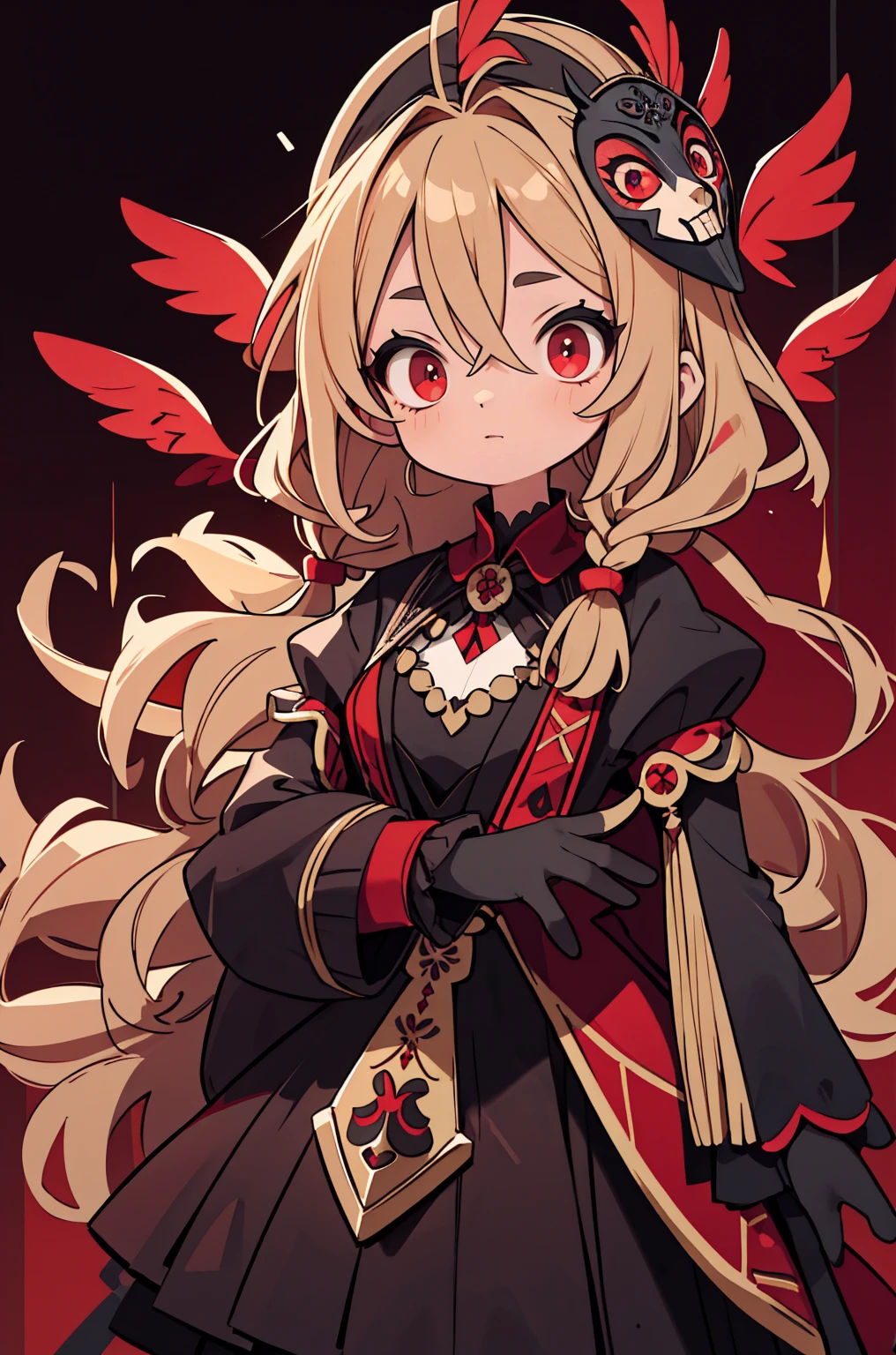 1 garota, Sozinho, Mature girl with dark blonde hair in braids and red eyes, Roupas russas, wearing a feathered masquerade mask