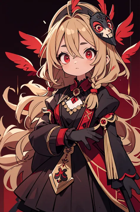 1 garota, sozinho, mature girl with dark blonde hair in braids and red eyes, roupas russas, wearing a feathered masquerade mask