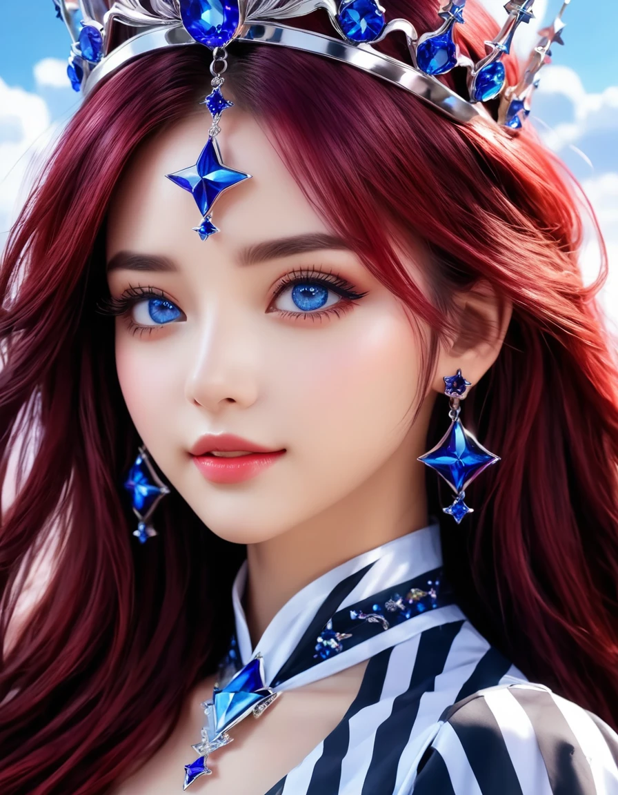 An animated image of a girl with long red hair and blue eyes. She is wearing a black and white striped dress and earrings. Her hair is a vibrant shade of purple. Her eyes are a piercing blue. Her eyebrows are a darker shade of blue. She has a silver crown on her head. The background behind her is a dark blue with stars in the sky.