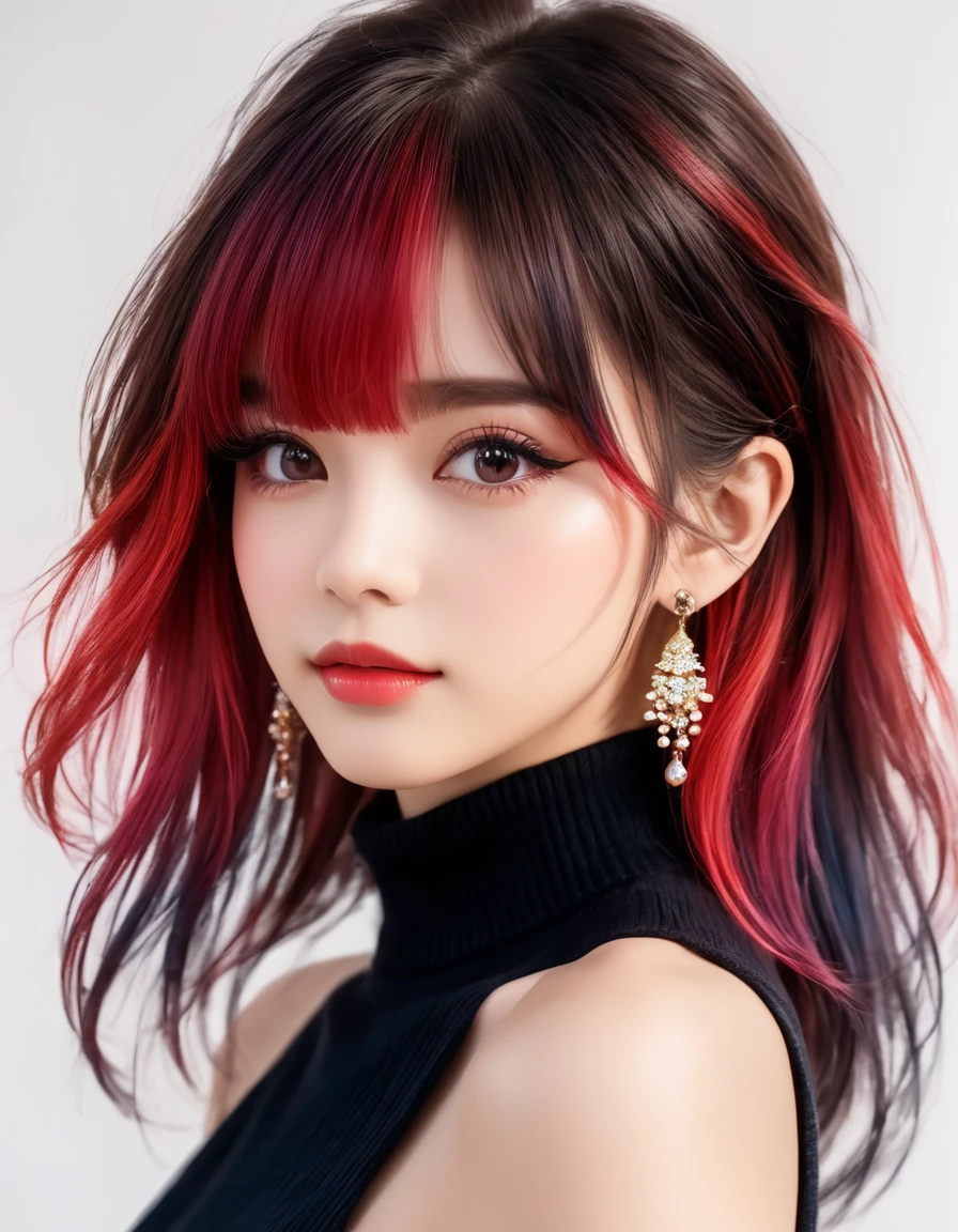 1girl, solo, long hair, looking at viewer, blush, bangs, hair between eyes, bare shoulders, jewelry, closed mouth, upper body, red hair, multicolored hair, earrings, sleeveless, two-tone hair, lips, eyelashes, gradient hair, turtleneck, portrait, black sweater, ImgFixerPre0.3