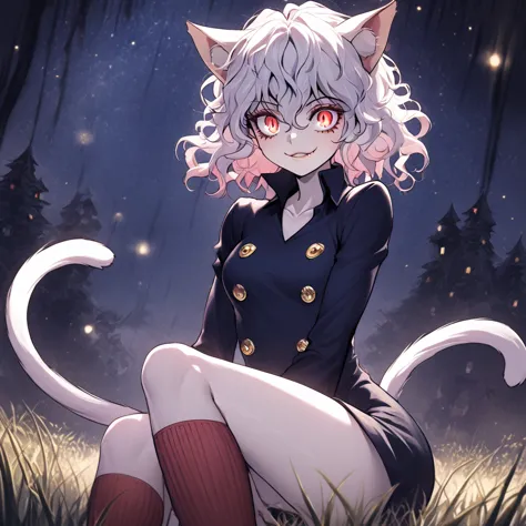 1girl, neferpitou, short hair, red eyes, animal ears, tail, white hair, cat ears, cat tail, curly hair, long sleeves, shorts, mo...