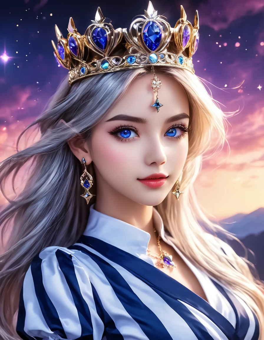 An animated image of a girl with long red hair and blue eyes. She is wearing a black and white striped dress and earrings. Her hair is a vibrant shade of purple. Her eyes are a piercing blue. Her eyebrows are a darker shade of blue. She has a silver crown on her head. The background behind her is a dark blue with stars in the sky.  ImgFixerPre0.3