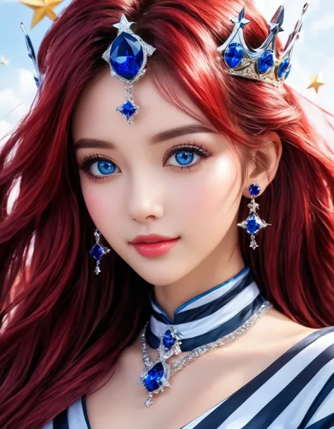 an animated image of a girl with long red hair and blue eyes. she is wearing a black and white striped dress and earrings. her h...