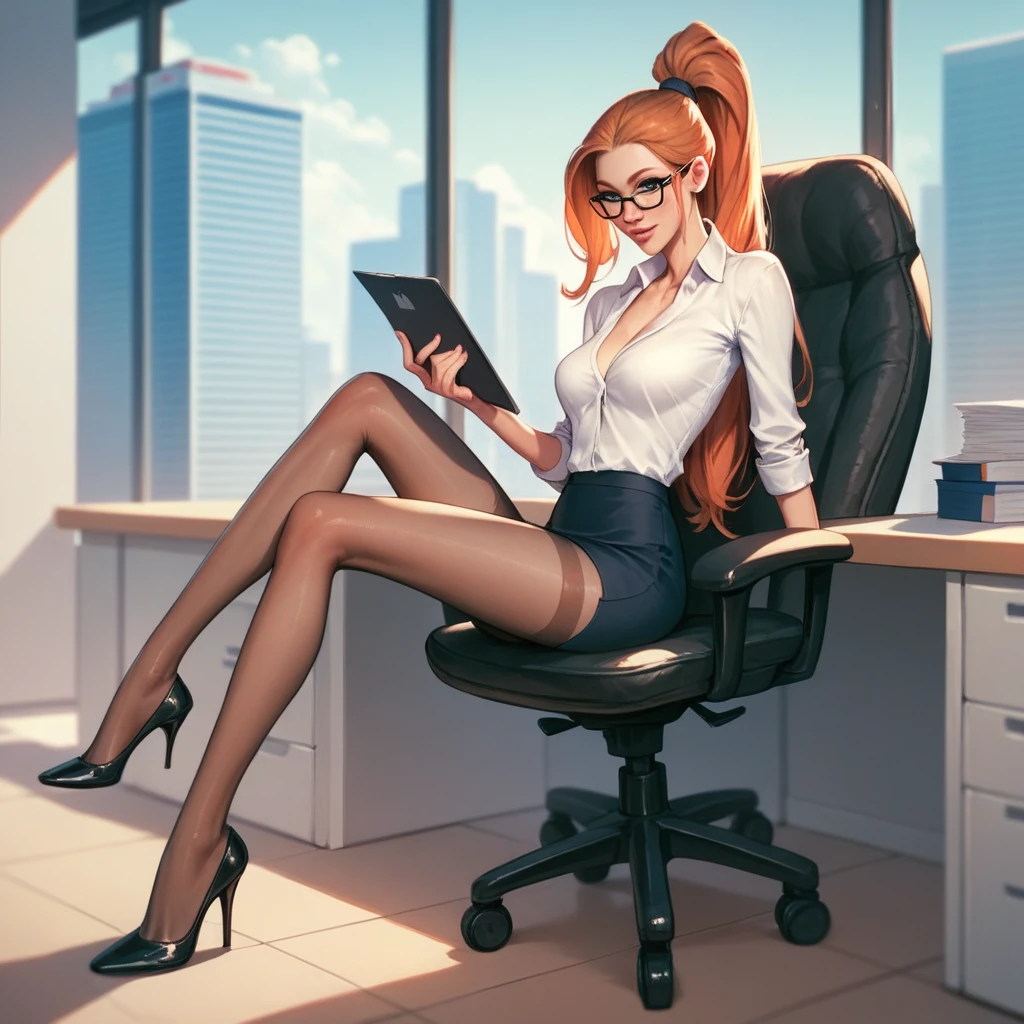 Skinny in heels, fabulously unrealistically long thin legs, in office attire in tights. ponytail, wearing glasses. in the office