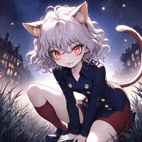 1girl, neferpitou, short hair, red eyes, animal ears, tail, white hair, cat ears, cat tail, curly hair, long sleeves, shorts, mo...