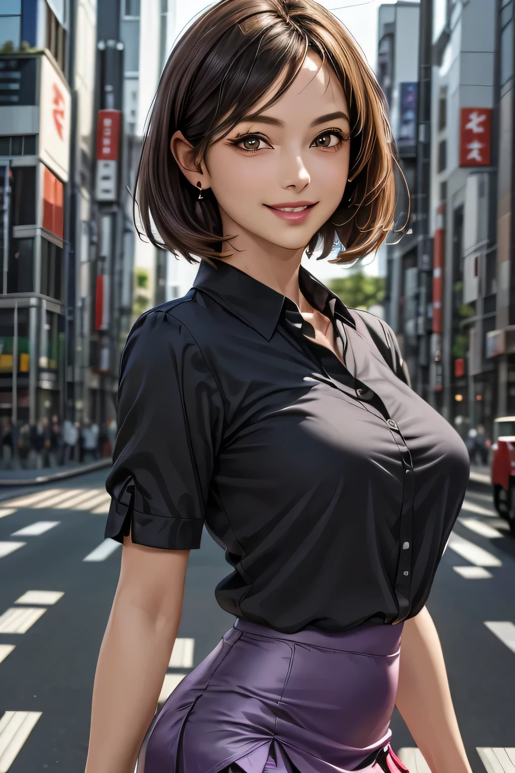 (1 The Ultimate Beautiful Mature Woman), Very detailedな顔, Beautiful brown eyes, double eyelid, Slightly thick detailed lip, Short black hair, (Light purple blouse:1.2), (Red tight mini skirt:1.4), Large Breasts, smile, Thighs, Perfect lighting, (Realistic:1.4), (Very detailed), (Highest quality), (Best Shadow), (masterpiece), Ultra-high resolution, With background: ((Ginza Art Gallery, Tokyo))