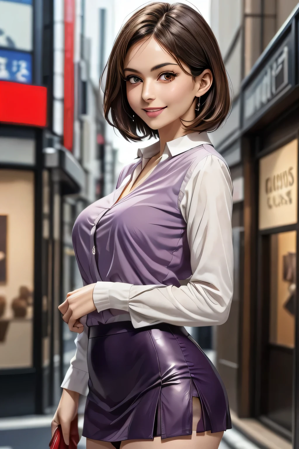 (1 The Ultimate Beautiful Mature Woman), Very detailedな顔, Beautiful brown eyes, double eyelid, Slightly thick detailed lip, Short black hair, (Light purple blouse:1.2), (Red tight mini skirt:1.4), Large Breasts, smile, Thighs, Perfect lighting, (Realistic:1.4), (Very detailed), (Highest quality), (Best Shadow), (masterpiece), Ultra-high resolution, With background: ((Ginza Art Gallery, Tokyo))