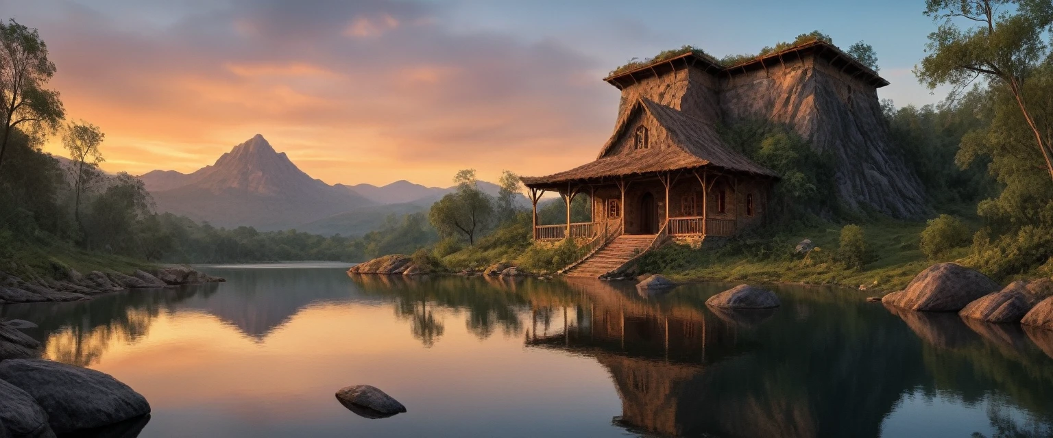 A stunning landscape of the African wilderness, a beautiful sunrise over a tranquil lake, a very small African hut on one side of the scene, dramatic cinematic lighting, majestic rock formations, no animals or evil, stunning view, extreme detail, (best quality, 4k, 8k, high definition, masterpiece: 1.2), extreme detail, (realistic, realistic, photorealistic: 1.37), dramatic lighting, cinematic composition Pixar style close to the Lion King animation The land area is larger than the lake Trees and rocks Attention to precise theatrical perspective High quality on the scale of theatrical design Clear details Greek character dominates the place, D&D game. Cartoon style