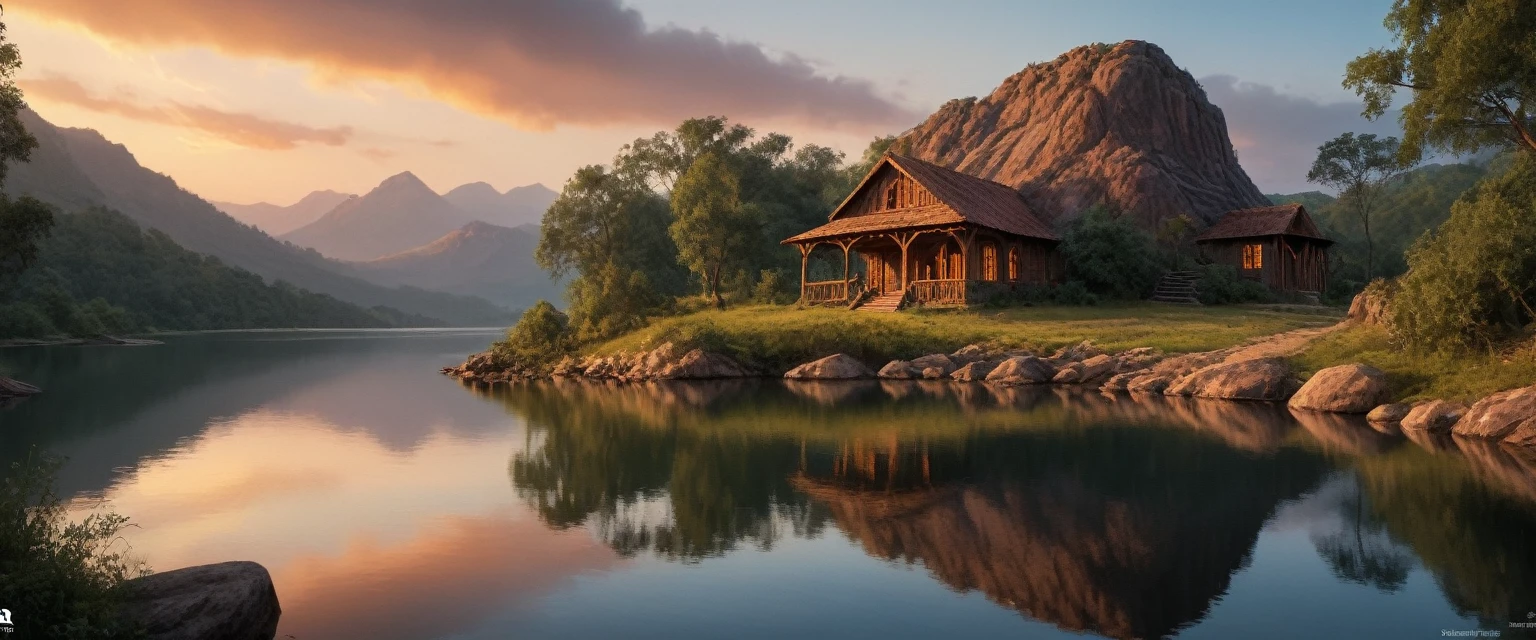 A stunning landscape of the African wilderness, a beautiful sunrise over a tranquil lake, a very small African hut on one side of the scene, dramatic cinematic lighting, majestic rock formations, no animals or evil, stunning view, extreme detail, (best quality, 4k, 8k, high definition, masterpiece: 1.2), extreme detail, (realistic, realistic, photorealistic: 1.37), dramatic lighting, cinematic composition Pixar style close to the Lion King animation The land area is larger than the lake Trees and rocks Attention to precise theatrical perspective High quality on the scale of theatrical design Clear details Greek character dominates the place, D&D game. Cartoon style