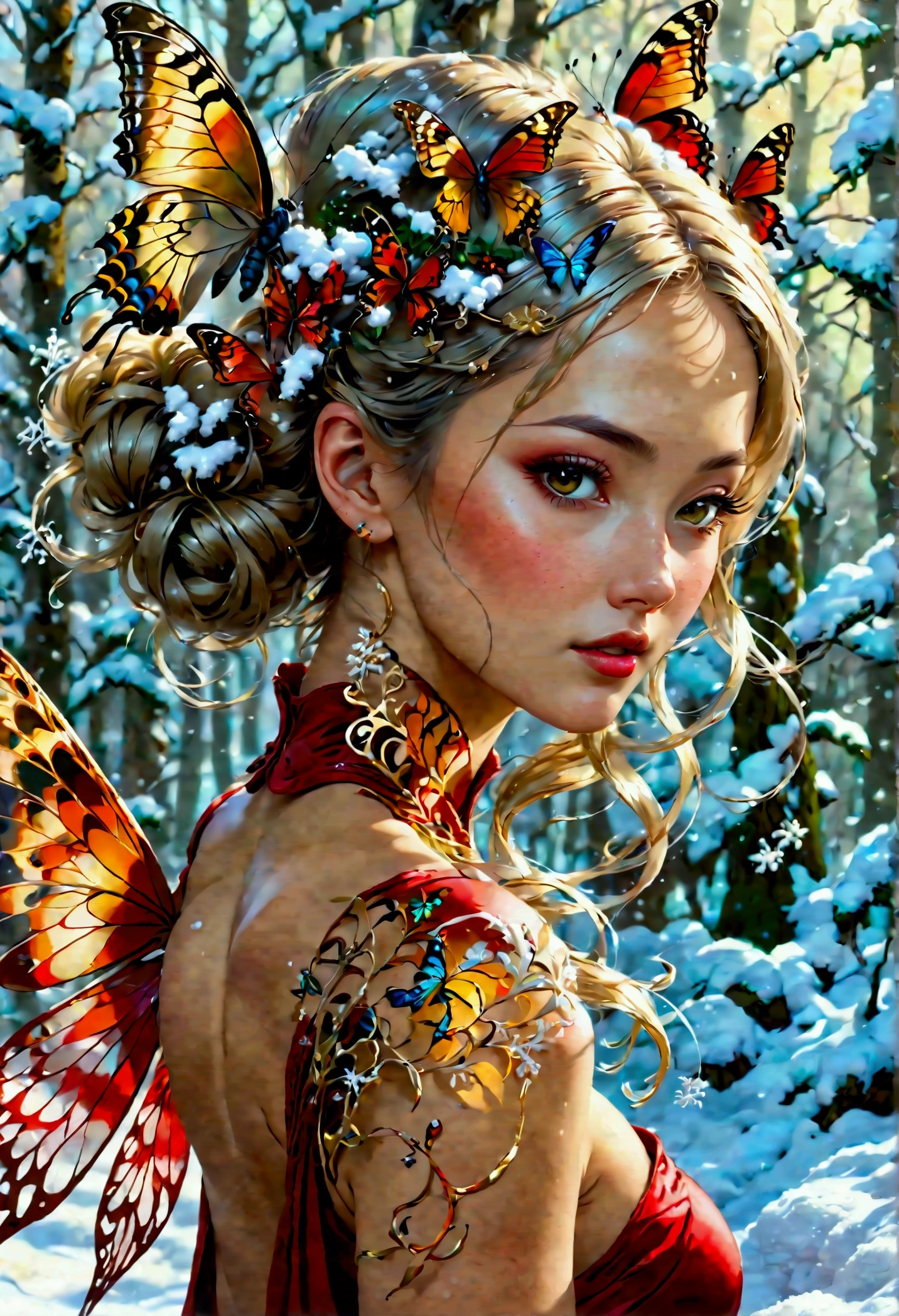 (oil painting art: 1.5) a most beautiful fairy playing in the snow, a beautiful fairy, ((full body shot: 1.5)), (best detailed face: 1.3), spread butterfly wings, dynamic hair color, dynamic hair style, busty, wearing red silk dress, intricate silk, wearing high heels boots, she is playing the snow, fresh snow in the forest, high snow, long shot,  High Detail, Ultra High Quality, High Resolution, 16K Resolution, Ultra HD Pictures, Ultra Realistic, Clear Details, Realistic Detail, Ultra High Definition, DonMF41ryW1ng5XL, Cryptic Paladin 001