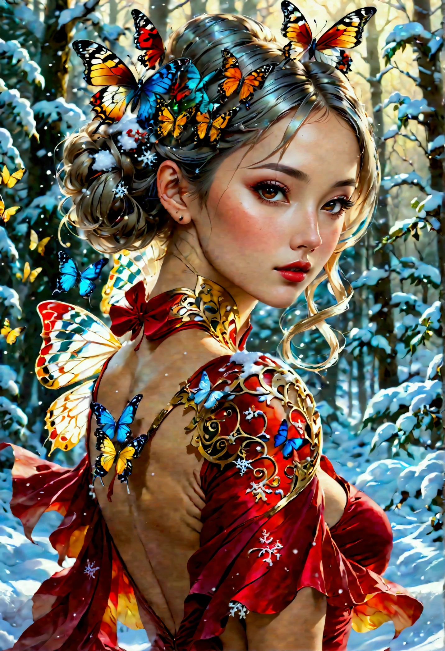 (oil painting art: 1.5) a most beautiful fairy playing in the snow, a beautiful fairy, ((full body shot: 1.5)), (best detailed face: 1.3), spread butterfly wings, dynamic hair color, dynamic hair style, busty, wearing red silk dress, intricate silk, wearing high heels boots, she is playing the snow, fresh snow in the forest, high snow, long shot,  High Detail, Ultra High Quality, High Resolution, 16K Resolution, Ultra HD Pictures, Ultra Realistic, Clear Details, Realistic Detail, Ultra High Definition, DonMF41ryW1ng5XL, Cryptic Paladin 001