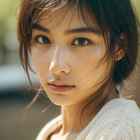 a hyper-realistic image of a single japanese woman in her early 20s, captured with the nostalgic warmth and subtle graininess of...