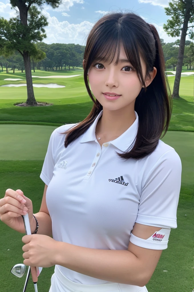 ８K、High definition、Ultra Detail、Photorealistic、Realistic and accurate depiction、Realistic and accurate human anatomy、High resolution、Highest quality、Beautiful Japanese woman in golf wear, Detailed body, Live Action、beautiful girl golfer、cute、clear、The ultimate beautiful girl、Perfect Body Shape、Beautiful breasts、、Perfect Skin、Charm、Active、Black Hair、Japanese female professional golfers、cuteゴルフウェア、Random length hairstyles