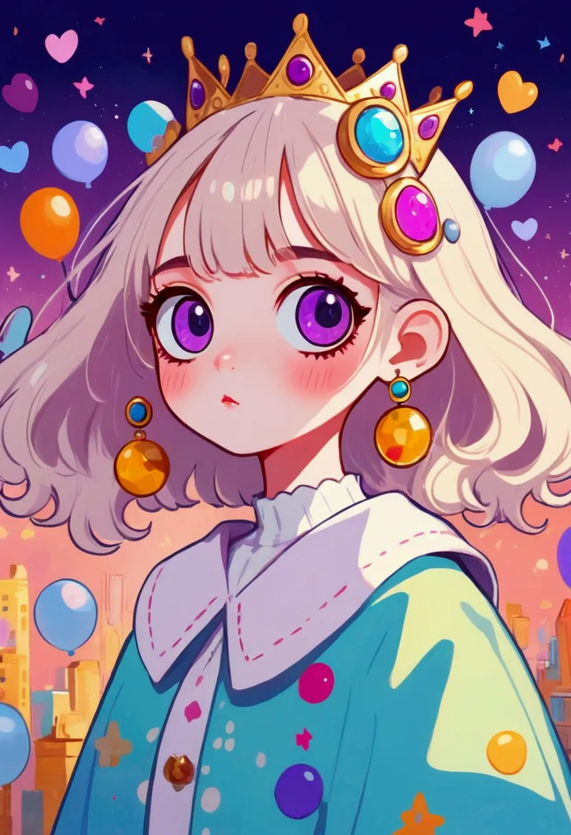 big eyes、cartoon girl with a crown on her head, lo-fi girl, anime atmosphere, rich and colorful illustration, cute cartoon, love...