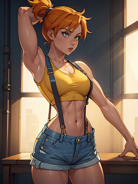 misty_pokemon, yellow crop top, suspenders, side ponytail, orange hair, denim shorts, stretching pose, from the side picture, ci...