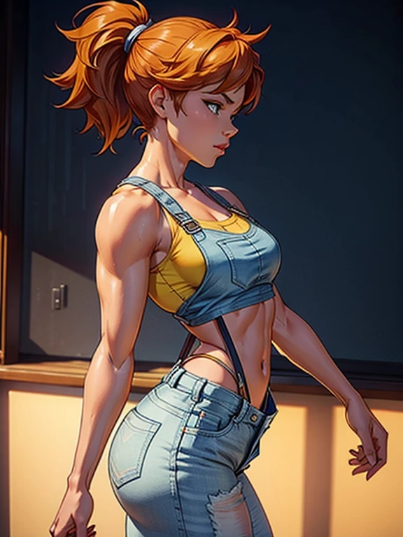 Misty_Pokemon, yellow crop top, suspenders, side ponytail, orange hair, denim shorts, stretching pose, from the side picture, cinematic light, hot posture, perfect body, looking at the viewer 