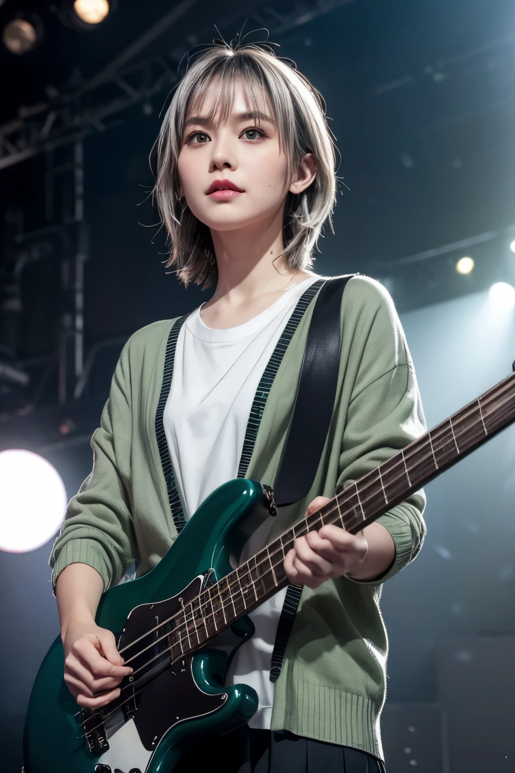 realistic, short ashed-silver wolf cut hairstyle, hair is blowing in the wind, hair is shaggy and dishevelled, beautiful white-colored translucent skin, playing dark green electric bass, powerfully playing the bass, on the stage of the concert, brightly lit by spotlights on the stage, extremely bright lighting, playing emotinally, wearing green cardigan and white shirt, wearing black skirt, sweat splashes, slendar figure, slightly short, slim and small face, natural makeup, shaped nose, smooth shaped jawline, glossy face, heavy flushed cheeks, serious look, a little adult-like charm, close up shot