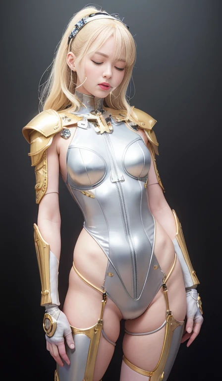 Highest quality、masterpiece、超High resolution、(Photorealistic:1.4)、RAW Photos、1 person、Blonde、Glowing Skin、(((1. Mechanical Girl)))、With a beautiful knife、（Silver Metal Bodysuit）、(Medieval European city background)、(Small LED)、((Ultra-Realistic Details))、Portrait、Global Illumination、Shadow、Octane Rendering、8k、Super sharp、Metal、Intricate decorative details、More about Japan、Very intricate details、Realistic Light、CGSoation Trend、Shining Eyes、To the camera、Neon Details、(Mechanical Limbs)、()、Mechanical vertebrae attached to the back、Cervical vertebrae mechanically attached to the neck、()、Gundam、Small LED、Highest quality, Realistic, 8k, High resolution, Full Color, 1 personの, woman, woman, , (Mouth closed:1.73), Pure white background，Bring skin care products closer to the cheeks，White skin，translucent， Displaying the viewer:1.8, (The girl&#39;s eyes looking at the viewer:1.55), (Medium Hair, Brown haired, Parted hair:1.45), (Bokeh),,Perfect body、(((woman1 person)))、(((Beautiful and accurate five fingers)))