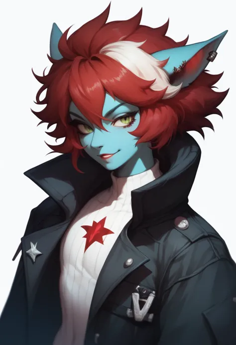 oc,na’vi, a alien blue skin skinny buff femboy man wearing black trench-coat with a red mark on the bust,red hair,thick, in an 9...