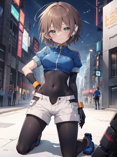 aile_megamanzx, kneeling with hand on the ground and , 1girl, solo, short hair, brown hair, short sleeves, (bodysuit), robot ear...