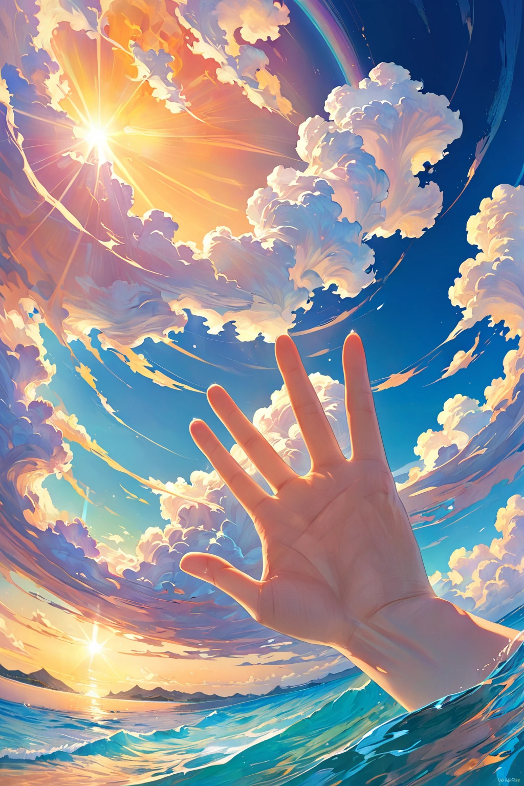 The left hand is palm facing the sky with five fingers open.