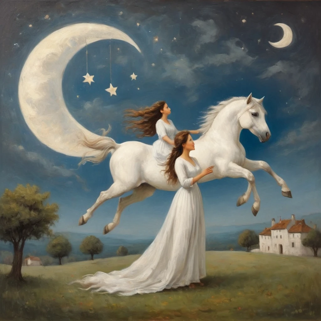 Dream of flying in the sky, long-haired woman in a long white dress flying by the crescent moon, bird carrying happiness, small star in the distance, cat, white horse, oil painting in the style of René Marguerite. Painted, super detailed, masterpiece
