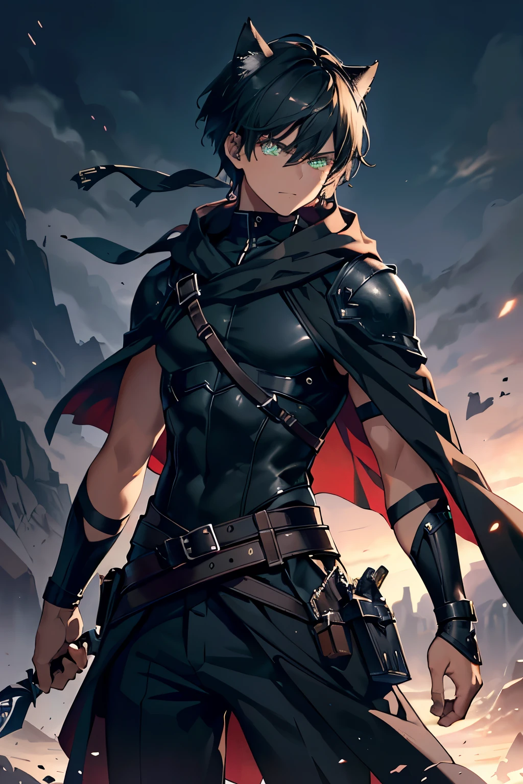 (high-quality, breathtaking),(expressive eyes, perfect face) ((1boy)), male, solo, young adult, black hair, green eyes, (short spiky hairstyles) short hair length, (dark skin), soft serious expression, Archer profession, thief attire, cargo pants, lots of belts, Black leather armor, cloak and dagger, environment background, fantasy clothing, fantasy attire, DnD rogue Class, half body, black and brown clothing palette, ((tan skin color)), rogue, leather arm guards, fantasy, (big Stigmata), character focus, ((black light)),((dark lighting)), cinematic lighting ,(darkness), (concept art), (glowing green eyes), high resolution, extremely detailed CG unity 8k wallpaper, ((masterpiece)), ((top-quality)), (beautiful illustration), ((an extremely delicate and beautiful)), (masterpiece, Best quality, ultra high resolution), glowing yellow eyes, Luminous_eyes, ultra detailed eyes, Beautiful and detailed face, detailed eyes, (Centered, torso), (wide shot:0.9), facing the viewer, Eye level, ((fully clothed)), cat ears 