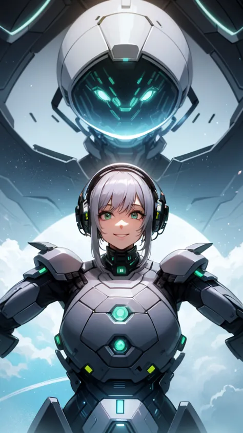 a beautiful silver-haired girl with high-tech headphones, smiling at the viewer. she has deep green eyes with a sense of depth a...