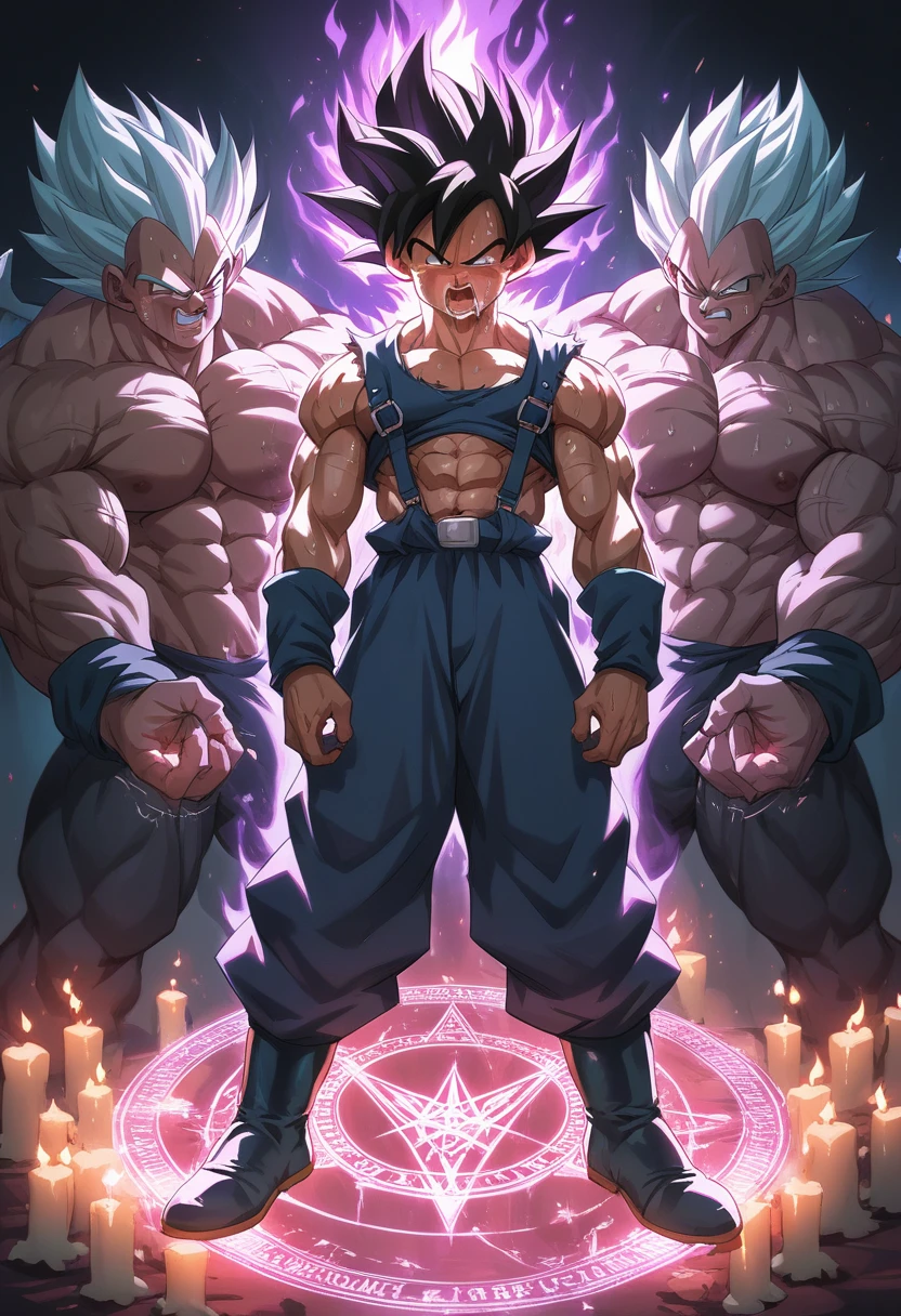 Huge muscles,Crying face,Lots of drool and sweat,Harness,Young face,teenager face,Huge erect penis,Full body image,Young body,Muscular legs,Wearing boots,Large, toned muscles,Goku,super saiyan,Imminent sexual activity,Demon body, wings and horns,Shaking violently,Group Sex,Obscene tattoos,Fantastic magic circle,Lots of ceremonial candles,Flickering flames,Combat start,Ekiben,Massive ,Wrapped in a huge purple flame