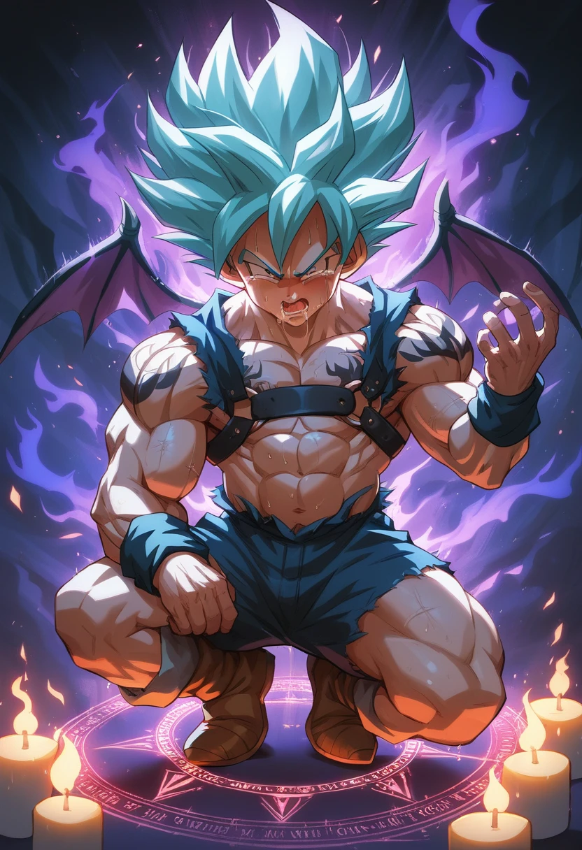 Huge muscles,Crying face,Lots of drool and sweat,Harness,Young face,teenager face,Huge erect penis,Full body image,Young body,Muscular legs,Wearing boots,Large, toned muscles,Goku,super saiyan,Imminent sexual activity,Demon body, wings and horns,Shaking violently,Group Sex,Obscene tattoos,Fantastic magic circle,Lots of ceremonial candles,Flickering flames,Combat start,Ekiben,Massive ,Engulfed in purple flames,The letter M on his forehead