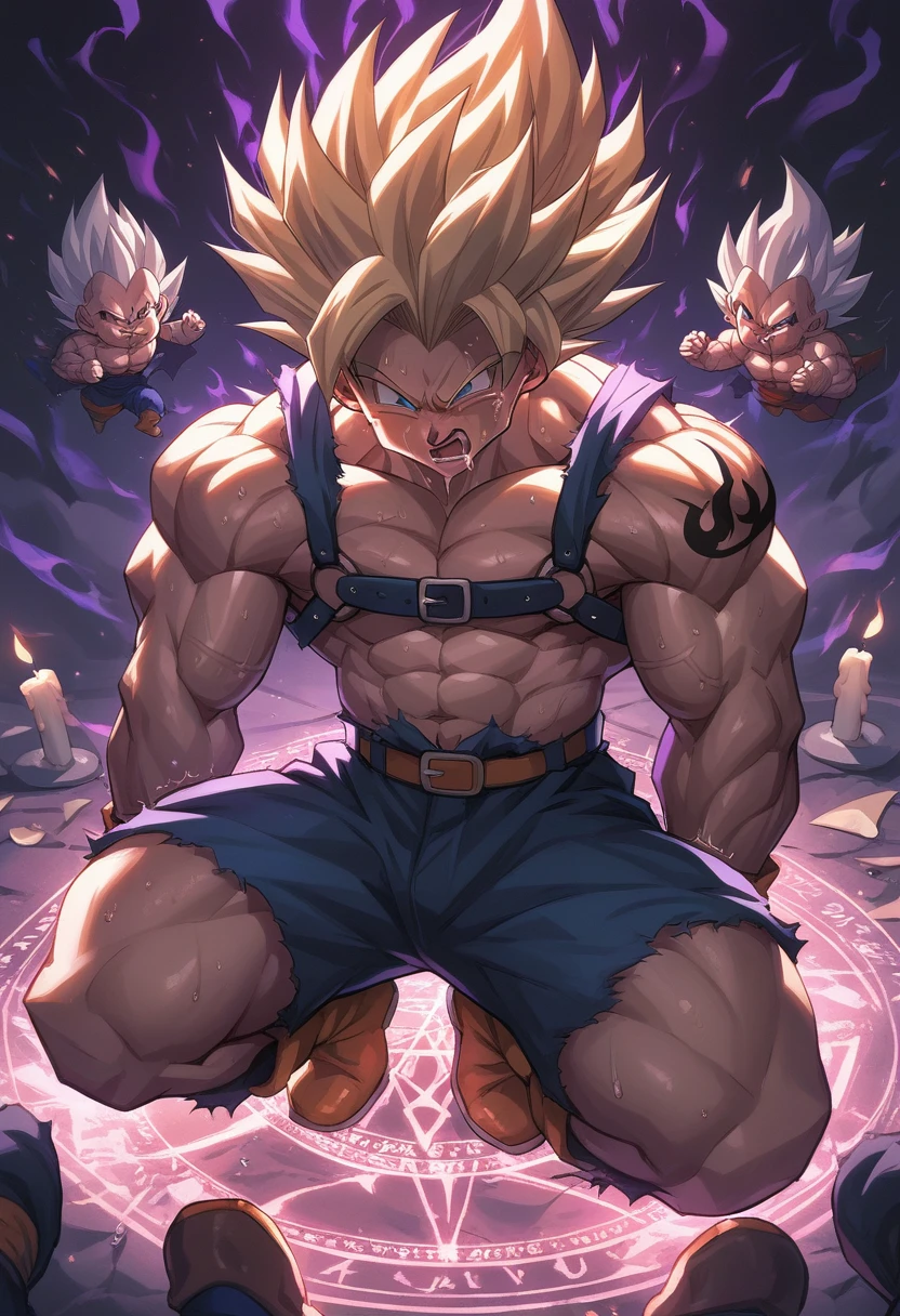 Huge muscles,Crying face,Lots of drool and sweat,Harness,Young face,teenager face,Huge erect penis,Full body image,Young body,Muscular legs,Wearing boots,Large, toned muscles,Goku,super saiyan,Imminent sexual activity,Demon body, wings and horns,Shaking violently,Group Sex,Obscene tattoos,Fantastic magic circle,Lots of ceremonial candles,Flickering flames,Combat start,Ekiben,Massive ,Engulfed in purple flames,The letter M on his forehead