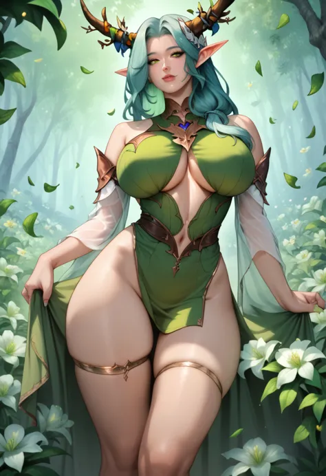 (photorealism:1.2), beautiful elf woman, hentai anime digital art, green hair, brown horns with flowers, detailed face, she is f...