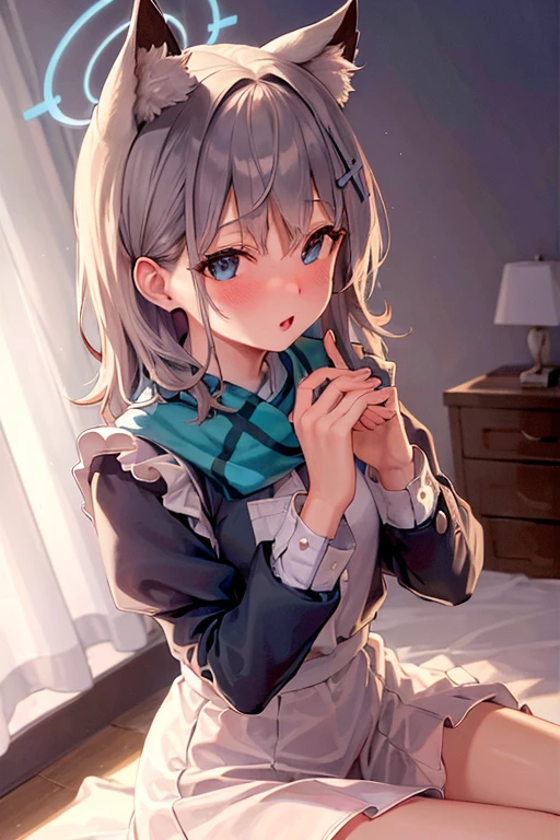 High resolution、Super detailed、Highest quality、Maid clothes、The skirt is short、bed、bedに両手と膝がついている、On all fours、Red cheeks、blush、Looking up、Embarrassed eyes、night、Perfect Fingers