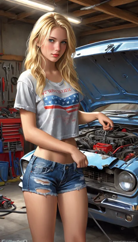 beautiful blonde american 21 college girl, sexy shorts torn denim mechanic, cropped t-shirt, repairing car in the garage, realis...