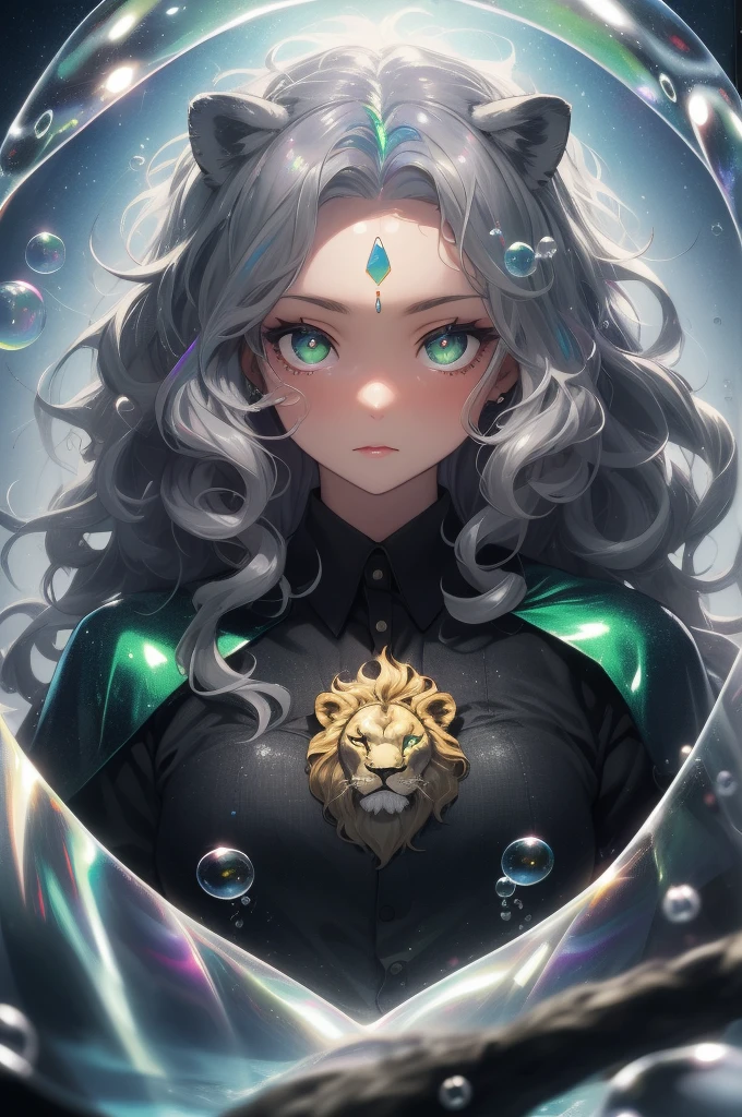 (Highest quality,masterpiece,Esoteric,Super Resolution),Bubble Tech,sf,transparent,Iridescent,See through,inflation,One person,,Gray Hair,Wavy Hair,Open forehead,Green Eyes,pupils are narrow,Lion&#39;s Ears,white Lion&#39;s Ears,Lion&#39;s Tail,Tropical Garden,Flowers,