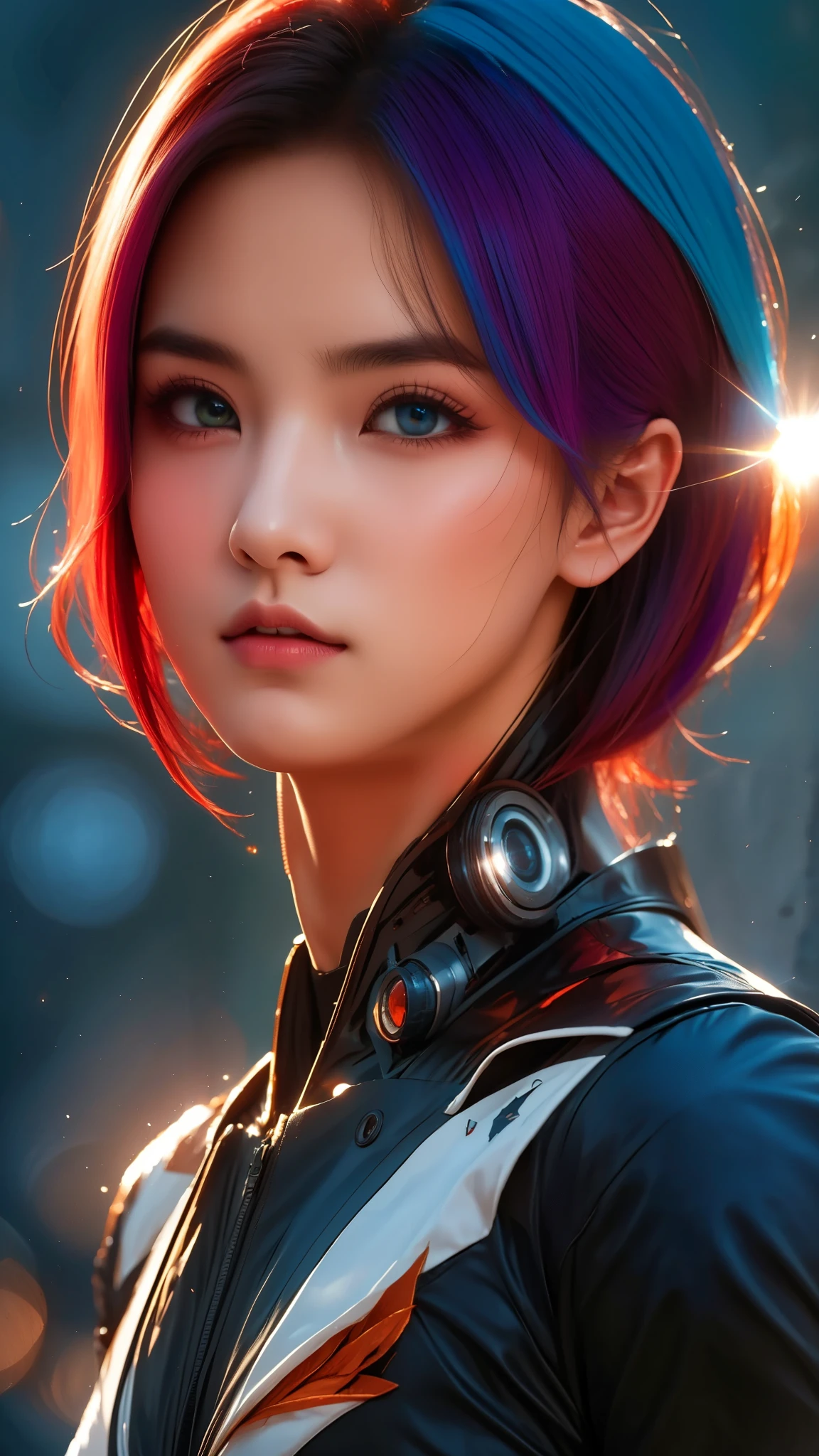 "Get ready to be amazed by our AI platform's ability to bring your imagination to life. This 8k wallpaper is a true work of art, with its movie lighting and lens flare adding a touch of drama to the scene. The detailed eyes, with their unique heterochromia, will draw you in and the multi-colored hair adds a playful element to the overall composition. Prepare to be captivated by this visually stunning masterpiece."