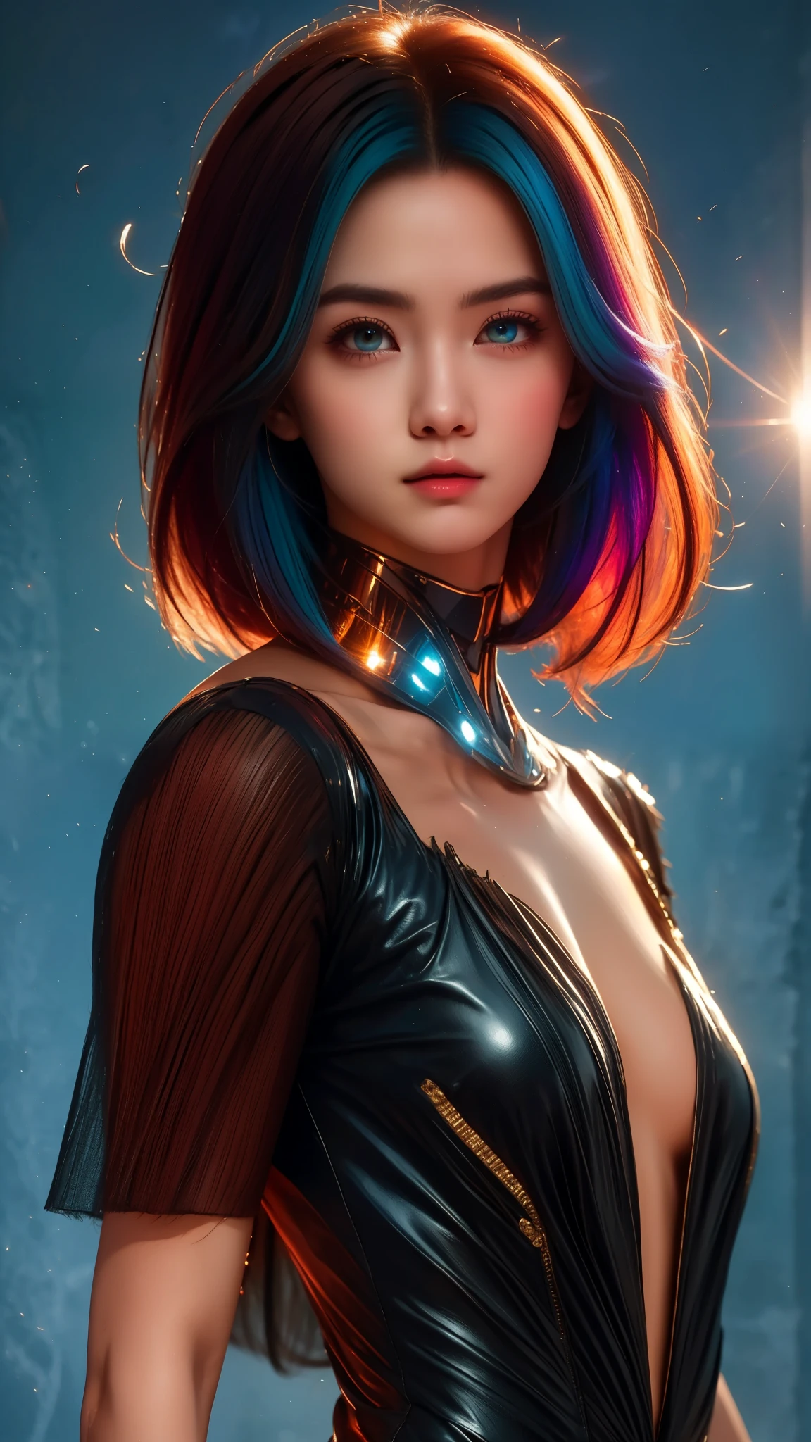 "Get ready to be amazed by our AI platform's ability to bring your imagination to life. This 8k wallpaper is a true work of art, with its movie lighting and lens flare adding a touch of drama to the scene. The detailed eyes, with their unique heterochromia, will draw you in and the multi-colored hair adds a playful element to the overall composition. Prepare to be captivated by this visually stunning masterpiece."