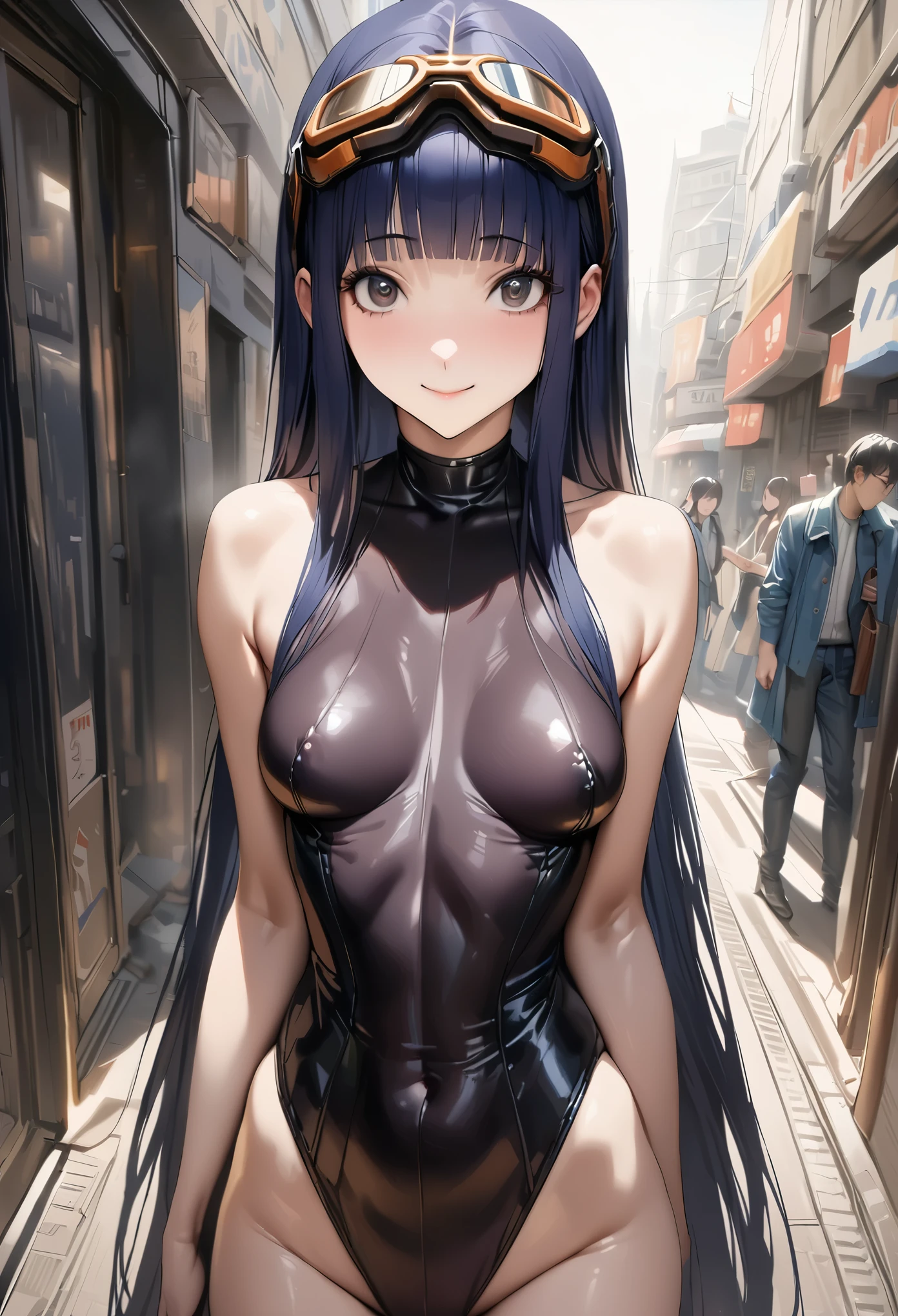 ((masterpiece,best quality anime,Highest quality:1.3)),realistic,cowboy shot,1woman,独奏,(30 year old beauty),((very small head:1.4)),((very long body:1.4)),(dark blue hair),straight long hair,(gorgeous big eyes),black eyes,smile,((slender body:1.4,skinny)),medium breasts,white turtleneck sleeveless,leotard,((Futuristic goggles)),oily skin:1.2,gleaming skin,shiny skin, bustling street、Cyberpunk World、