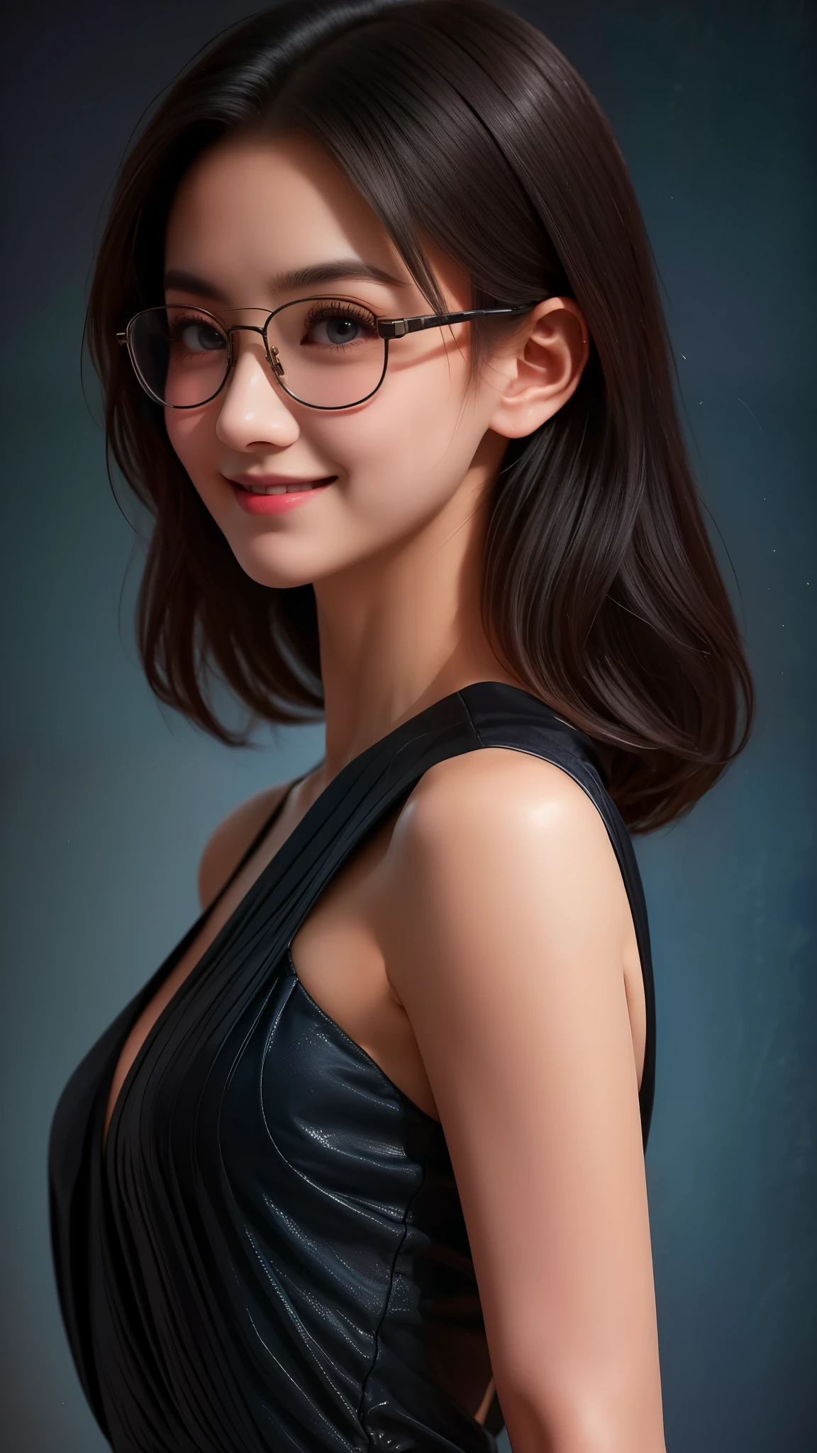 A 16k realistic portrait masterpiece, realistic soft detailed lines, highest resolution, every detail, meticulousness, depth of field, bright colors, beautiful composition: a girl teenage girl wearing thin-rimmed glasses, smiling cheerfully, light makeup with trendy short black hair and beautifully detailed innocent eyes, standing on a dark and ominous scene. sexy silk dress.